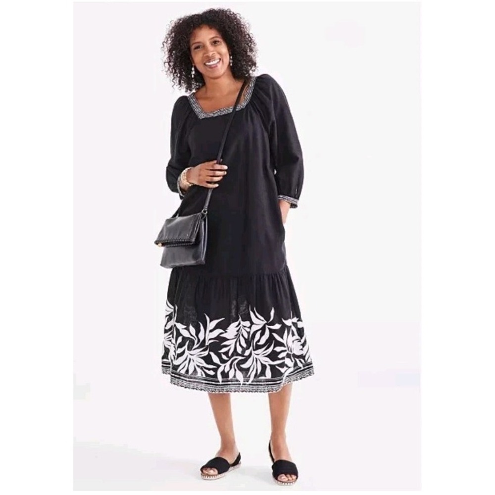 Style & Co Printed Square Neck Midi Dress Linen Blend Pullover Bohemian Tiered